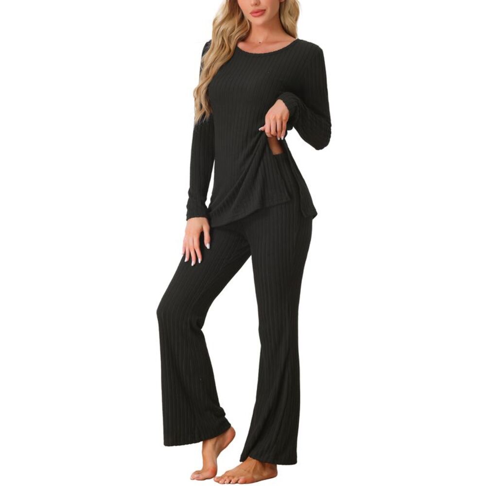 Ribbed Knit Long Sleeves Top and Pants Pajama Two Piece Matching Set Black